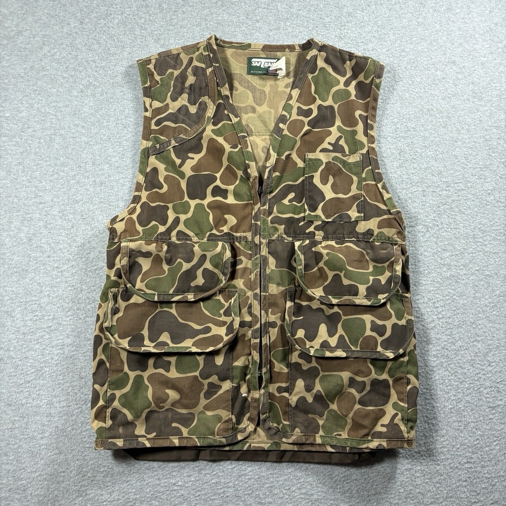 VTG Saf-T-Bak Duck Camo Hunting Vest USA Canvas Game Pouch Shooting Pockets Sz M